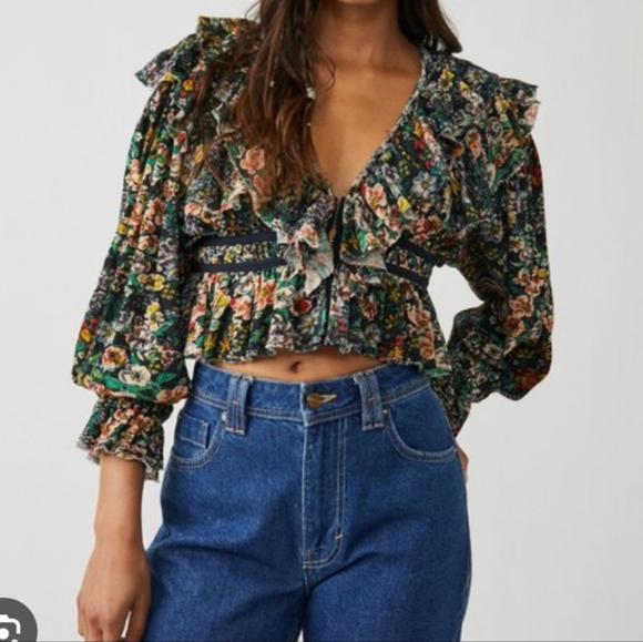 FREE PEOPLE Rudi Ruffle Top / Night Garden Combo - Picture 2 of 12